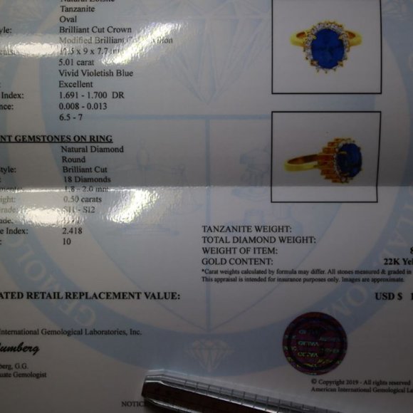 Certified Tanzanite 5.01ct Diamonds 22K Gold Ring - Picture 8 of 10